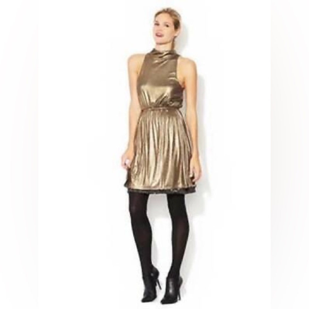 Alice + Olivia Estelle Gold Mock Neck Dress Size L